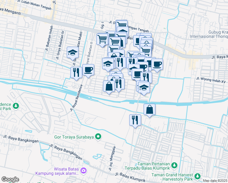 map of restaurants, bars, coffee shops, grocery stores, and more near 28 Jalan Babatan Pratama XXVII in Kota Surabaya