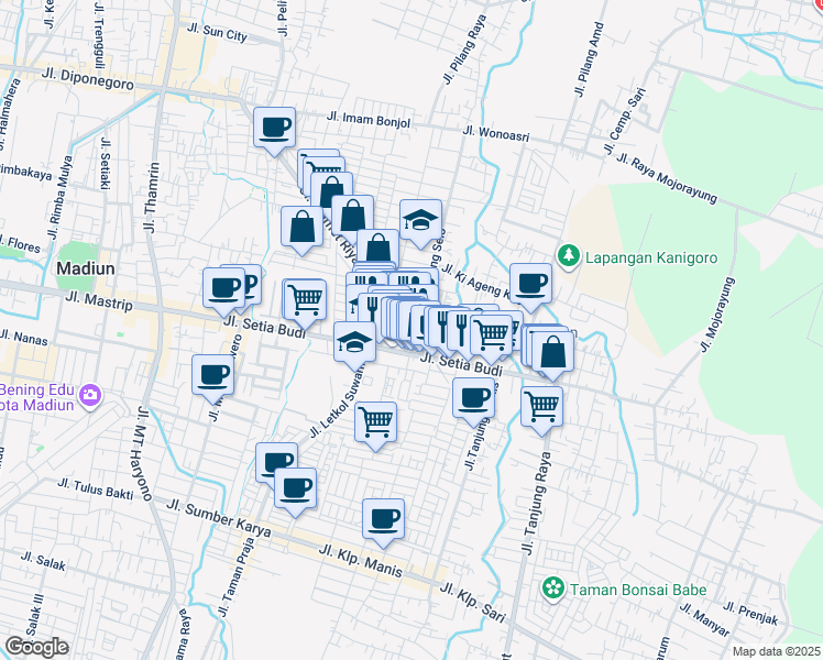 map of restaurants, bars, coffee shops, grocery stores, and more near Jalan Cempaka in Kota Madiun