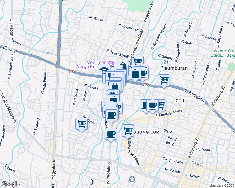 map of restaurants, bars, coffee shops, grocery stores, and more near Jalan Monjali in Sleman