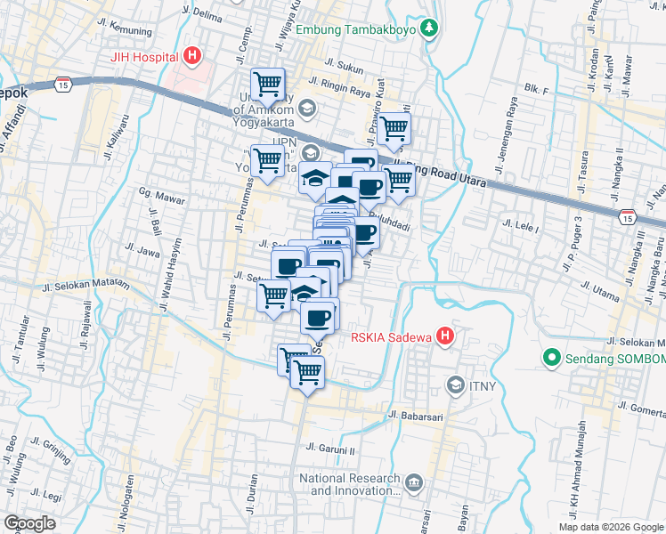 map of restaurants, bars, coffee shops, grocery stores, and more near Jalan Seturan Raya in Depok