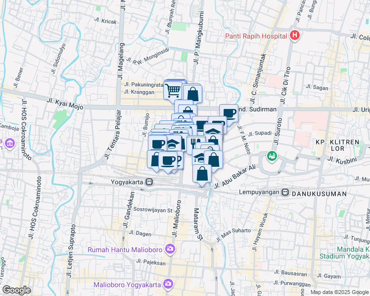 map of restaurants, bars, coffee shops, grocery stores, and more near Jalan Pangeran Mangkubumi in Yogyakarta