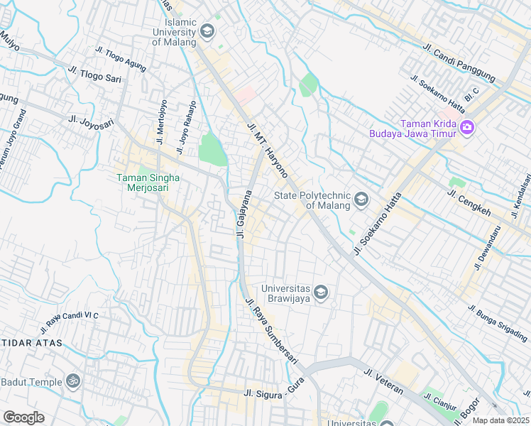 map of restaurants, bars, coffee shops, grocery stores, and more near Jalan Kerto Raharjo in Kota Malang
