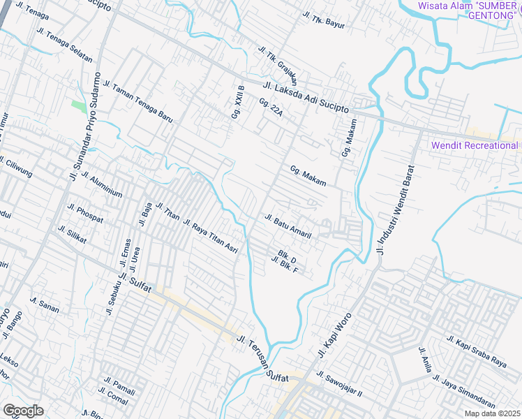 map of restaurants, bars, coffee shops, grocery stores, and more near Jalan Simpang Sulfat Utara in Malang