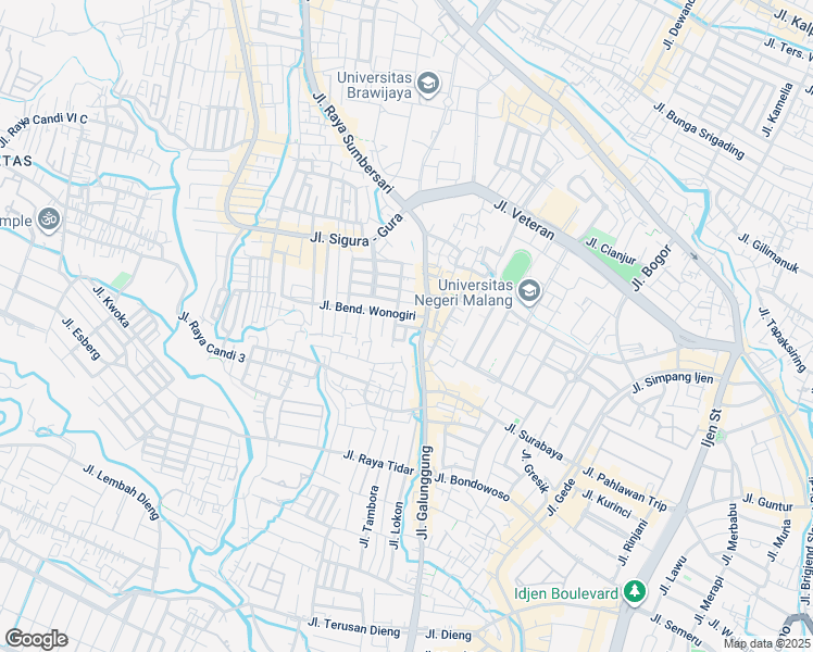 map of restaurants, bars, coffee shops, grocery stores, and more near Jalan Bendungan Jati Gede in Kota Malang