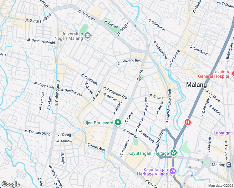 map of restaurants, bars, coffee shops, grocery stores, and more near Jalan Pahlawan Trip in Kota Malang