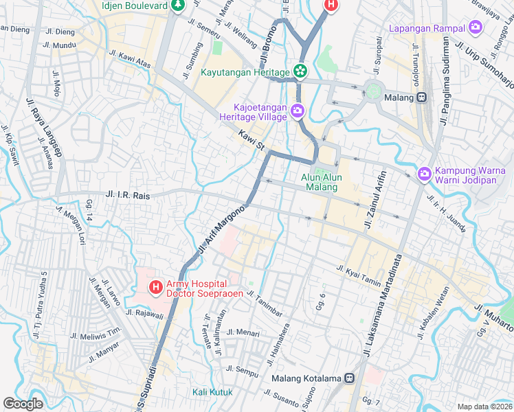 map of restaurants, bars, coffee shops, grocery stores, and more near 46 Jalan Ade Irma Suryani in Kota Malang