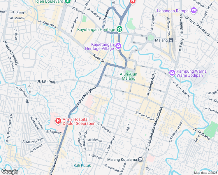 map of restaurants, bars, coffee shops, grocery stores, and more near 46 Jalan Ade Irma Suryani in Kota Malang