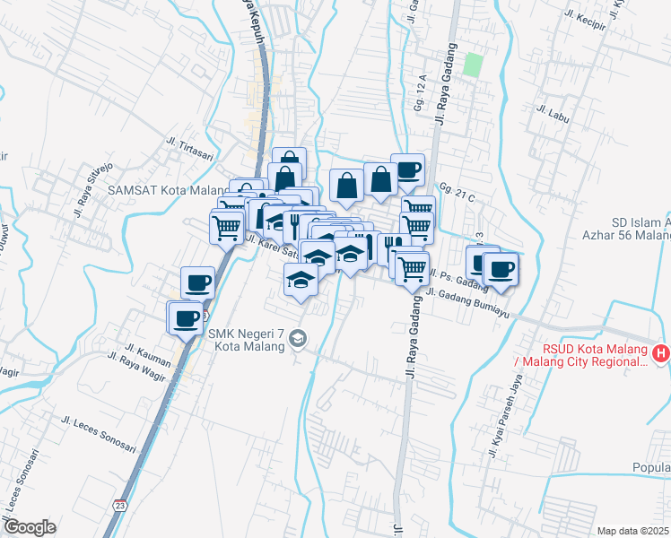 map of restaurants, bars, coffee shops, grocery stores, and more near Jalan Satsuit Tubun in Kota Malang