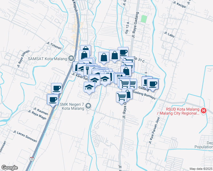 map of restaurants, bars, coffee shops, grocery stores, and more near Jalan Satsuit Tubun in Kota Malang