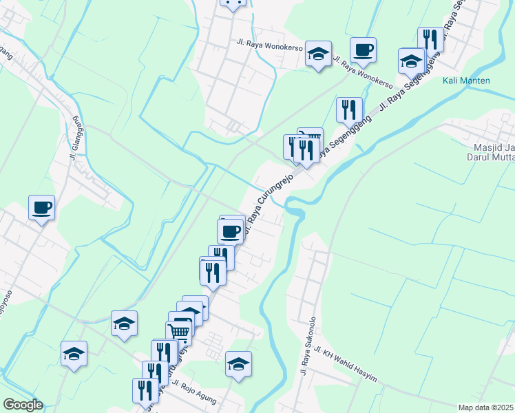 map of restaurants, bars, coffee shops, grocery stores, and more near Jalan Adi Mulya in Kepanjen
