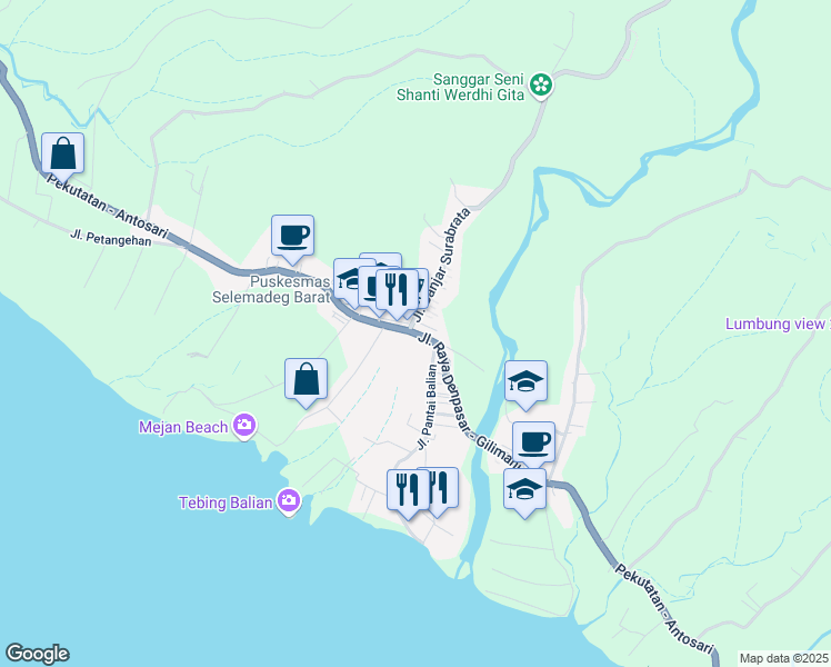 map of restaurants, bars, coffee shops, grocery stores, and more near Jalan Raya Denpasar Gilimanuk in Tabanan