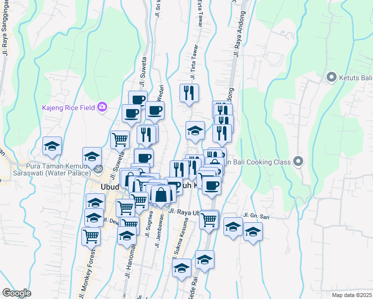 map of restaurants, bars, coffee shops, grocery stores, and more near 88 Jalan Tirta Tawar in Kabupaten Gianyar