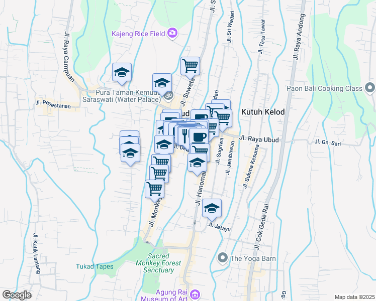 map of restaurants, bars, coffee shops, grocery stores, and more near Jalan Dewi Sita in Ubud