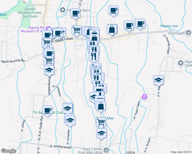 map of restaurants, bars, coffee shops, grocery stores, and more near Jalan Cok Rai Pudak in Gianyar
