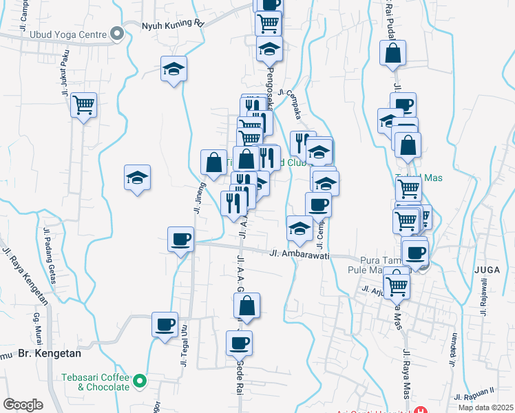 map of restaurants, bars, coffee shops, grocery stores, and more near Jalan Raya Lodtunduh in Kabupaten Gianyar