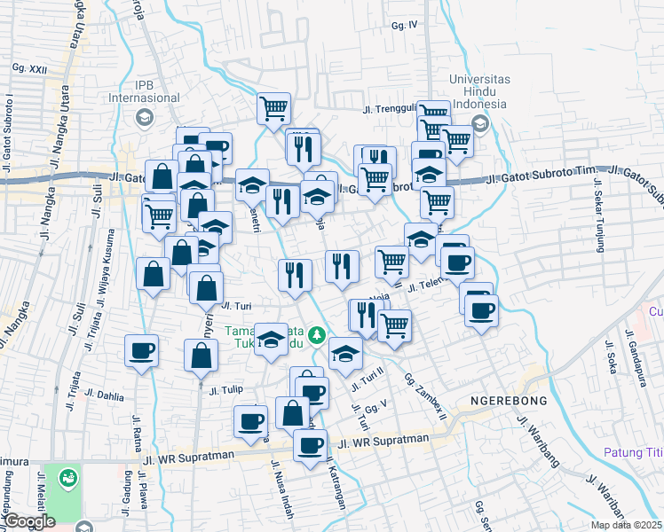 map of restaurants, bars, coffee shops, grocery stores, and more near Jalan Noja in Denpasar