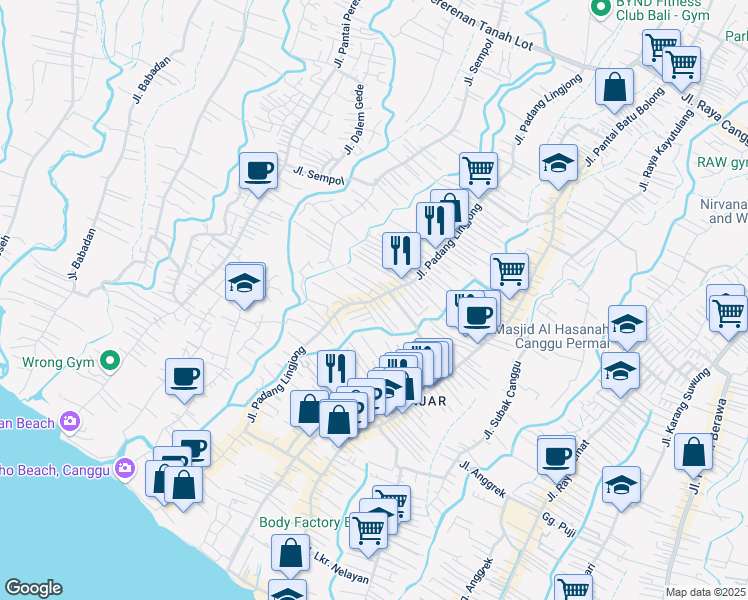 map of restaurants, bars, coffee shops, grocery stores, and more near Jalan Pantai Sentosa in Kuta