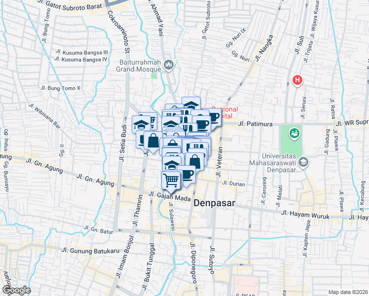 map of restaurants, bars, coffee shops, grocery stores, and more near Jalan Nakula in Denpasar