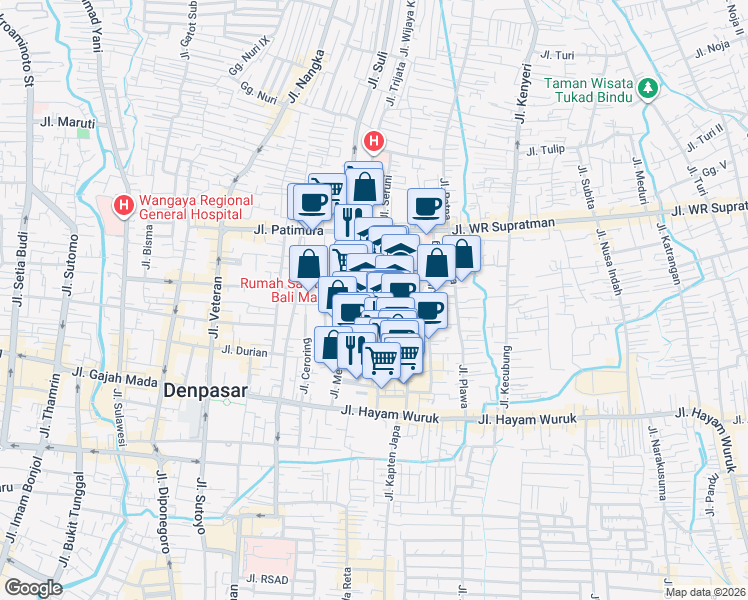 map of restaurants, bars, coffee shops, grocery stores, and more near Jalan Angsoka in Denpasar