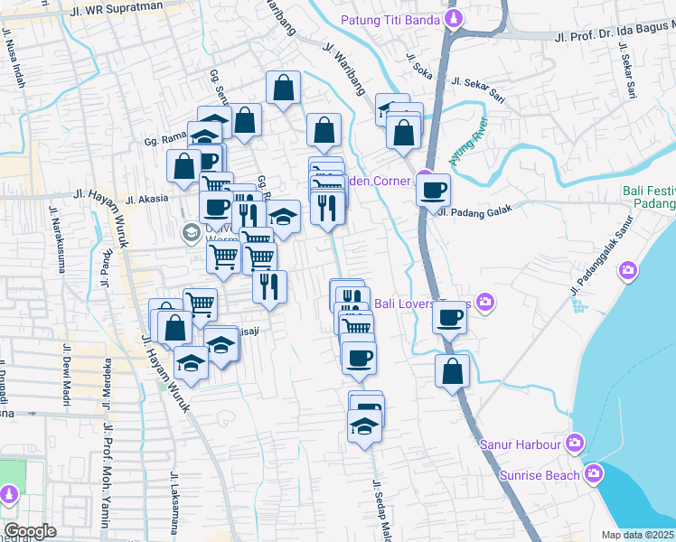 map of restaurants, bars, coffee shops, grocery stores, and more near Jalan Sedap Malam in Denpasar