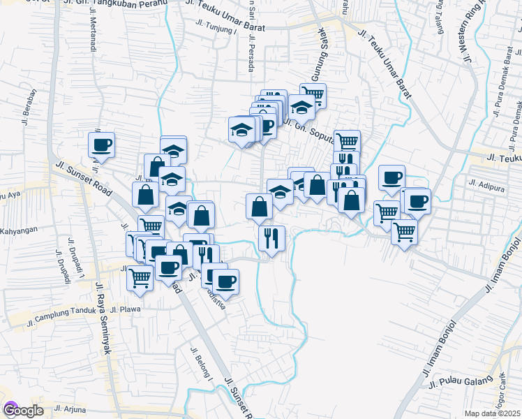 map of restaurants, bars, coffee shops, grocery stores, and more near Jalan Gunung Athena in Denpasar