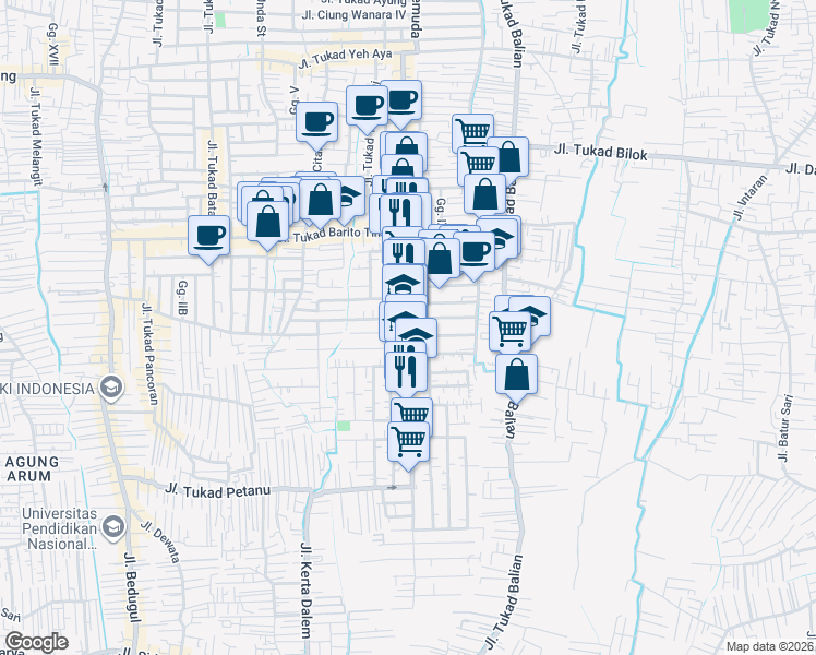 map of restaurants, bars, coffee shops, grocery stores, and more near Jalan Tukad Badung in Denpasar