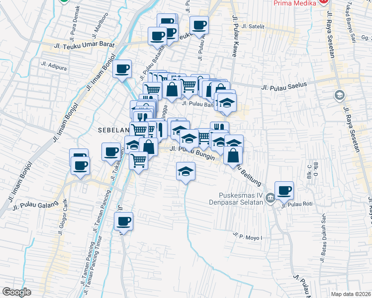 map of restaurants, bars, coffee shops, grocery stores, and more near Jalan Pulau Bungin in Denpasar