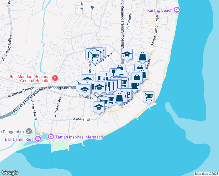 map of restaurants, bars, coffee shops, grocery stores, and more near Jalan Ngurah Rai By Pass in Denpasar