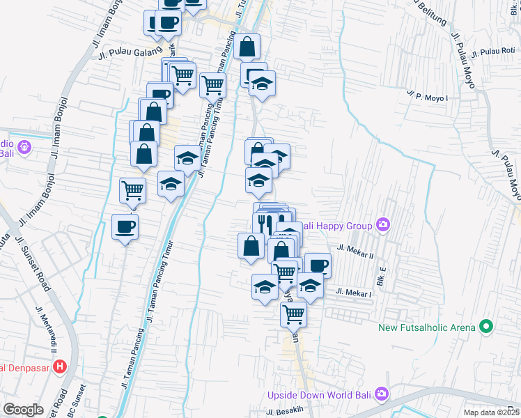 map of restaurants, bars, coffee shops, grocery stores, and more near Jalan Pemogan Raya in Denpasar