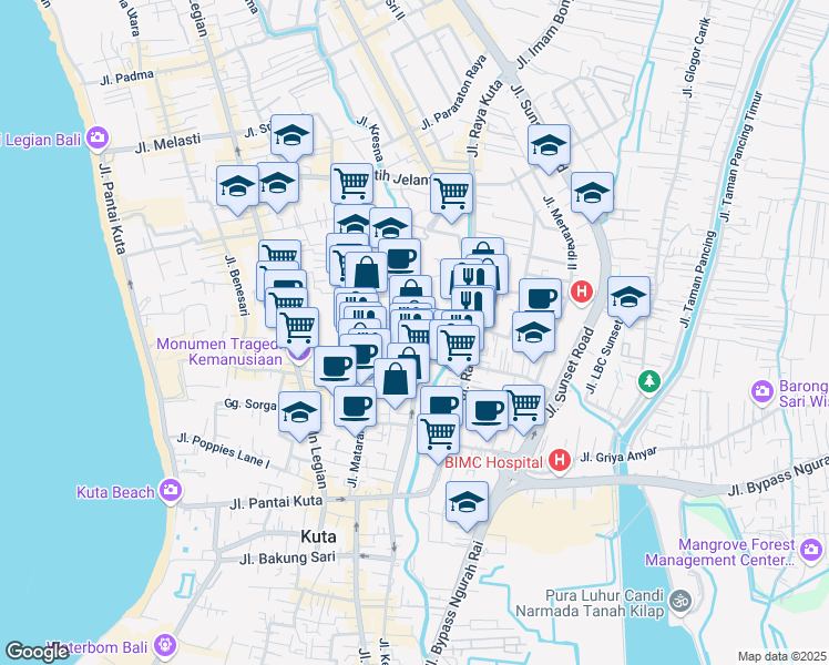 map of restaurants, bars, coffee shops, grocery stores, and more near Jalan Majapahit in Kuta