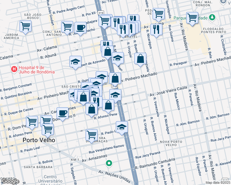 map of restaurants, bars, coffee shops, grocery stores, and more near 1473 Avenida Governador Jorge Teixeira in Porto Velho