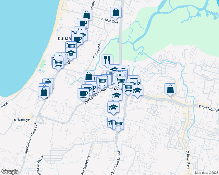 map of restaurants, bars, coffee shops, grocery stores, and more near 89 Jalan Uluwatu II in Kabupaten Badung