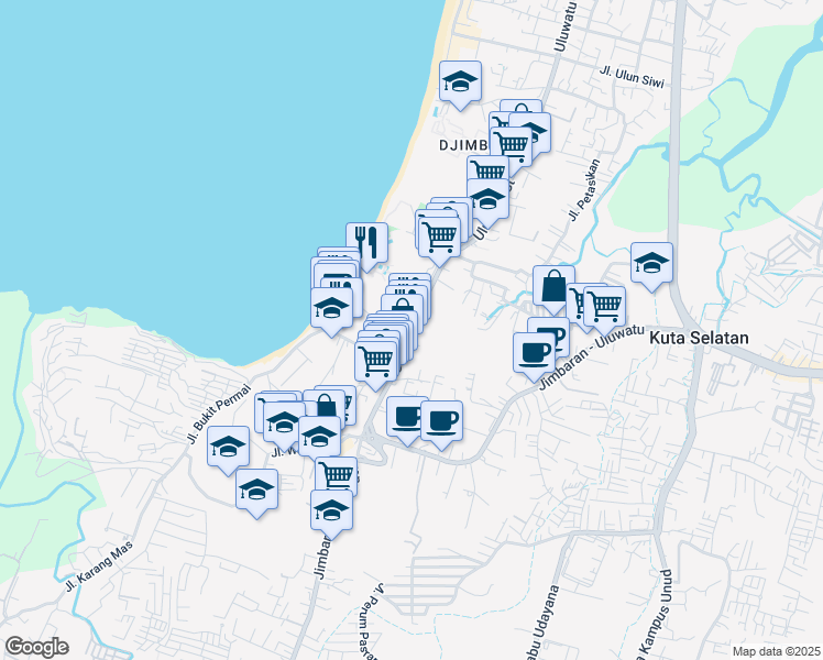 map of restaurants, bars, coffee shops, grocery stores, and more near 115 Jalan Raya Uluwatu in Kabupaten Badung
