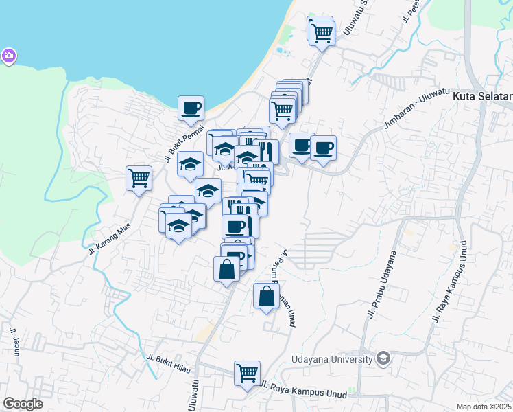 map of restaurants, bars, coffee shops, grocery stores, and more near 178 Jalan Raya Uluwatu in Kabupaten Badung