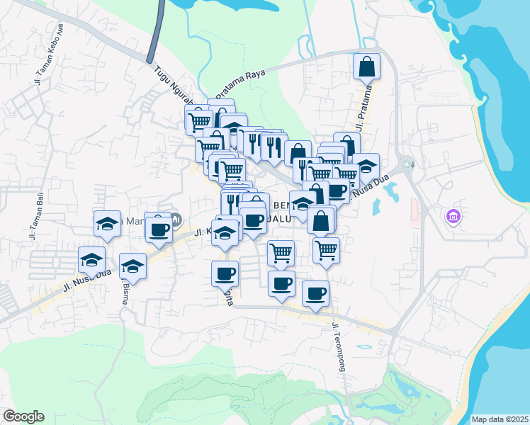 map of restaurants, bars, coffee shops, grocery stores, and more near Jalan Kurusetra Nusa Dua Bali in South Kuta