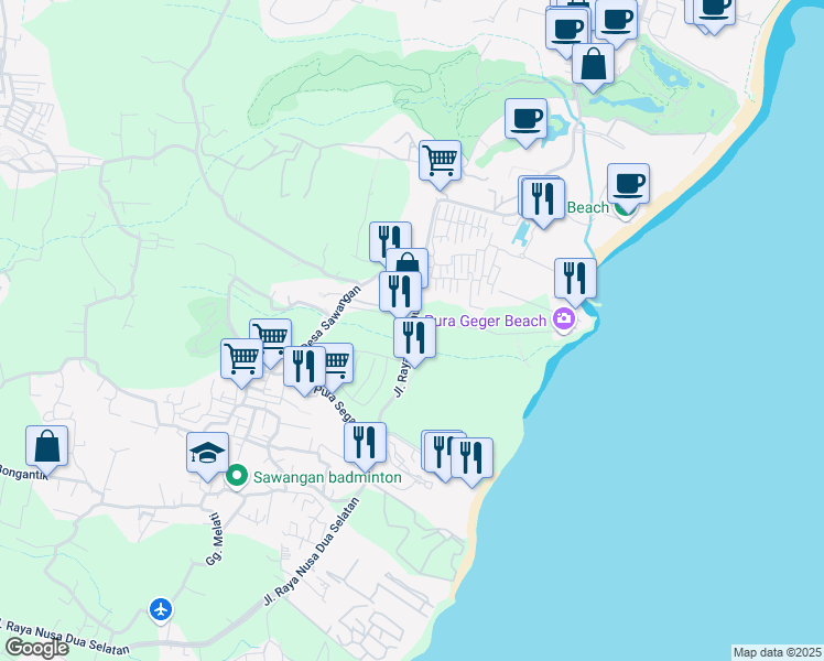 map of restaurants, bars, coffee shops, grocery stores, and more near Jalan Nusa Dua Selatan in Kuta