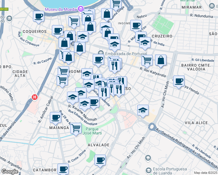 map of restaurants, bars, coffee shops, grocery stores, and more near Rua Joaquim Kapango in Luanda