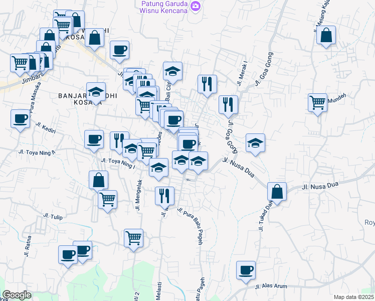 map of restaurants, bars, coffee shops, grocery stores, and more near 9 Jalan Bali Cliff in Kabupaten Badung