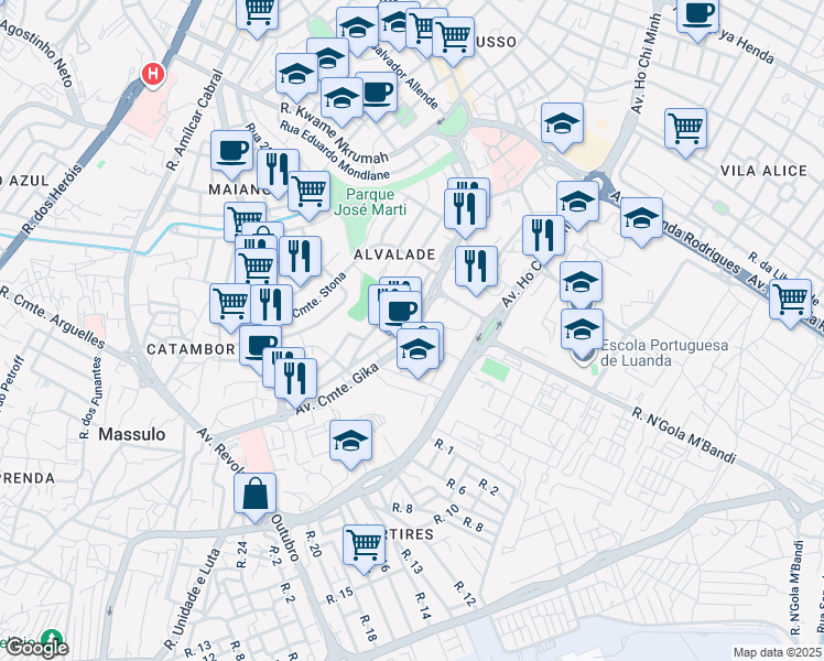 map of restaurants, bars, coffee shops, grocery stores, and more near Avenida Comandante Gika in Luanda