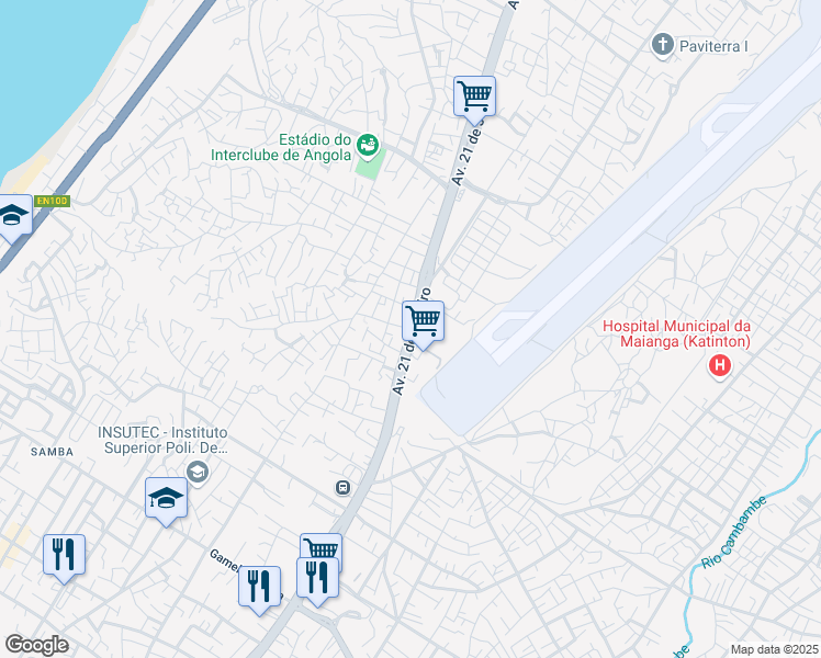 map of restaurants, bars, coffee shops, grocery stores, and more near Avenida 21 de Janeiro in Luanda