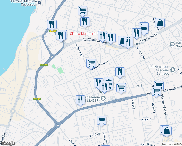 map of restaurants, bars, coffee shops, grocery stores, and more near Rua do Kikagil in Luanda