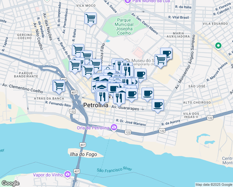 map of restaurants, bars, coffee shops, grocery stores, and more near Rua Joaquim Nabuco in Petrolina