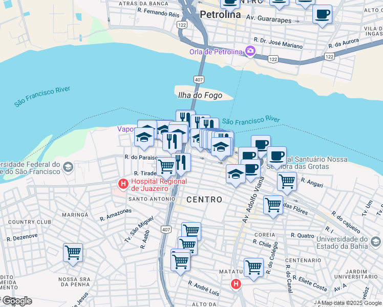 map of restaurants, bars, coffee shops, grocery stores, and more near 10 Tv Edson Ribeiro in Juazeiro