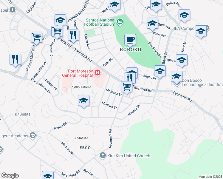 map of restaurants, bars, coffee shops, grocery stores, and more near Kano Pl. in Port Moresby