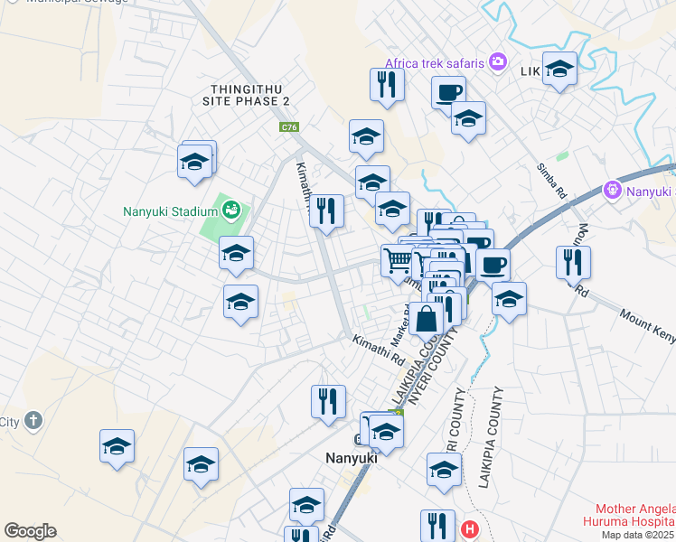 map of restaurants, bars, coffee shops, grocery stores, and more near Lumumba Road in Nanyuki