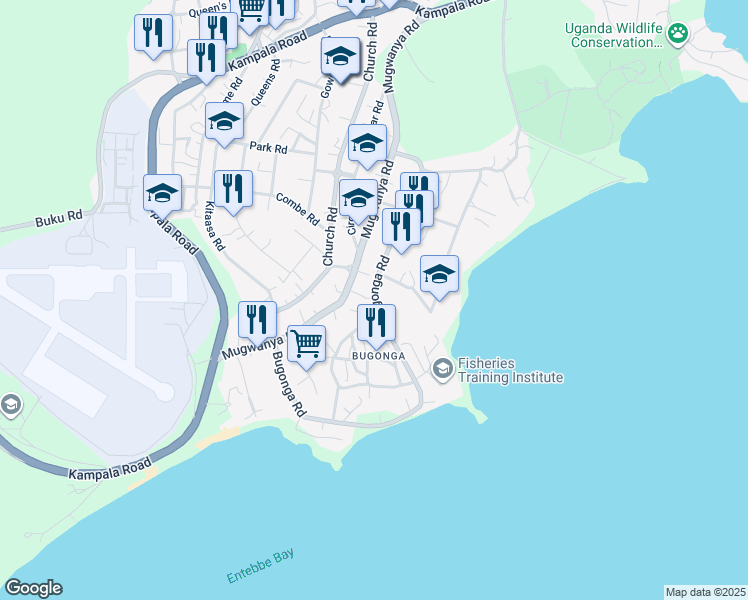 map of restaurants, bars, coffee shops, grocery stores, and more near Bugonga Road in Entebbe