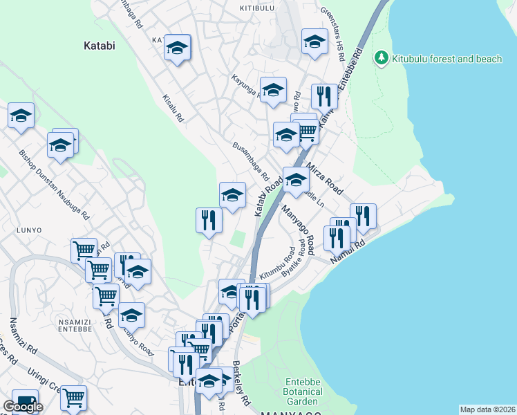 map of restaurants, bars, coffee shops, grocery stores, and more near Katabi Road in Entebbe