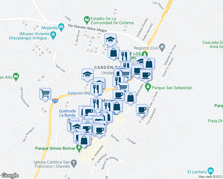 map of restaurants, bars, coffee shops, grocery stores, and more near Carretera Panamericana in Otavalo