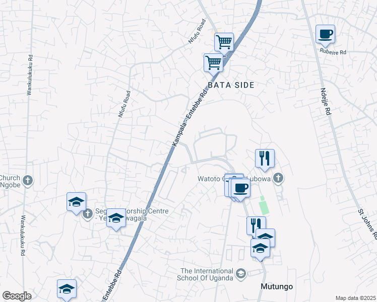 map of restaurants, bars, coffee shops, grocery stores, and more near Lubowa Road in Kampala