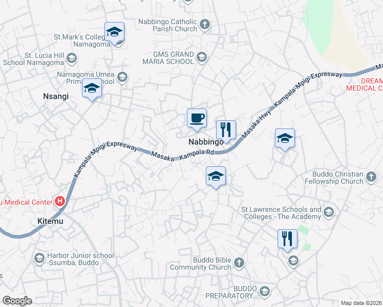 map of restaurants, bars, coffee shops, grocery stores, and more near Masaka Road in Nabbingo